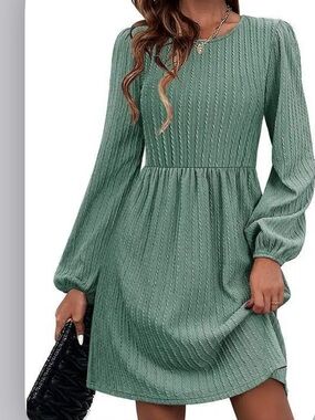zeagoo Mint Green Cable Knit Balloon Sleeve Mini Dress